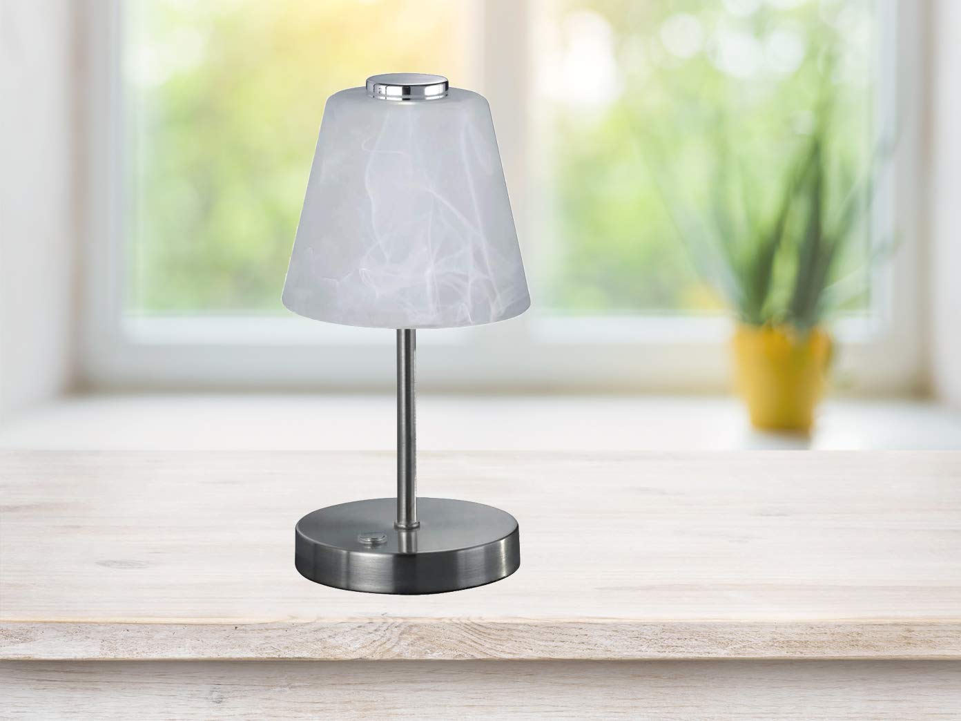 Juego de 2 lámparas LED de mesa con regulador de intensidad táctil, color plateado mate, pantalla de cristal alabastro, 24 cm de alto