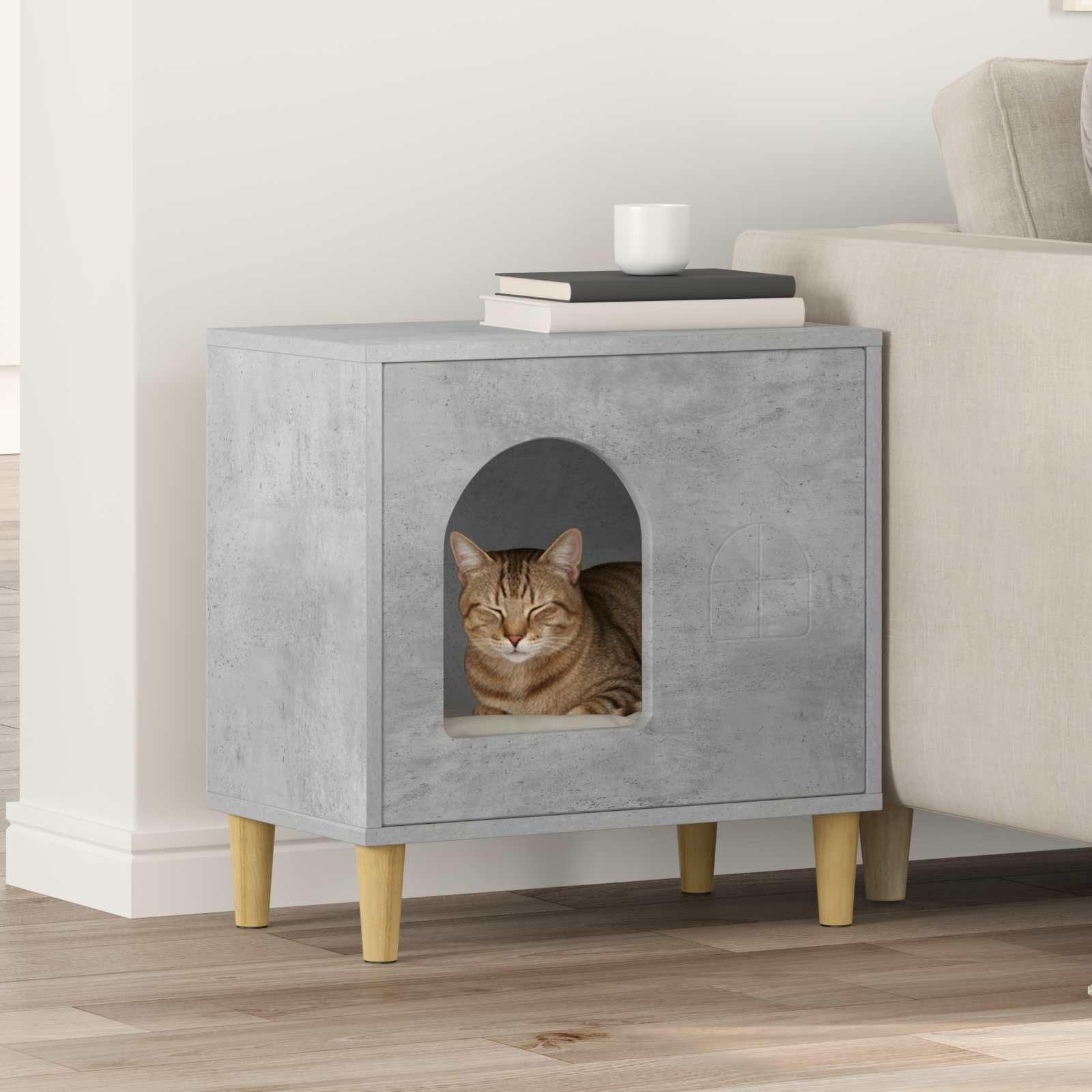 Casetta per gatti in cemento, 51 x 30 x 52 cm, per interni, con kit di montaggio, stabile rifugio e parco giochi per gatti, design moderno, facile da pulire e durevole