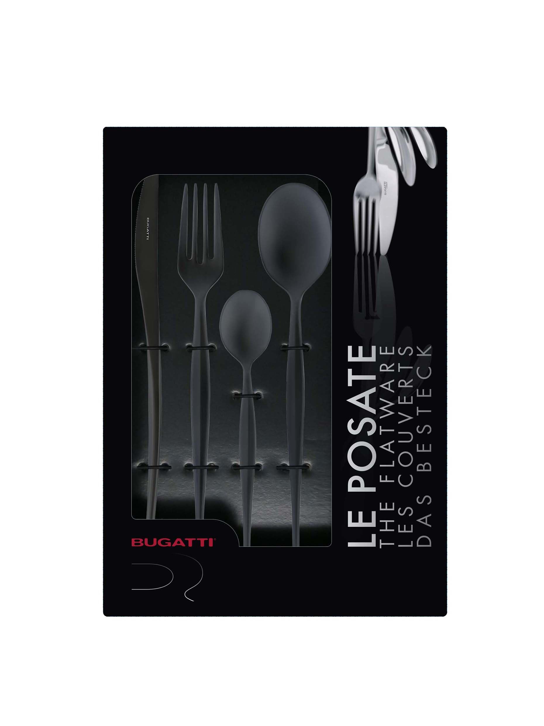 BUGATTI, Natura, Set Posate 24 Pezzi in Acciaio Inox 18/10 finitura PVD Sabbiato Nero Black Diamond con Scatola Finestra, Servizio Posate per 6, Cucchiai, Forchette, Coltelli e Cucchiaini Caffè