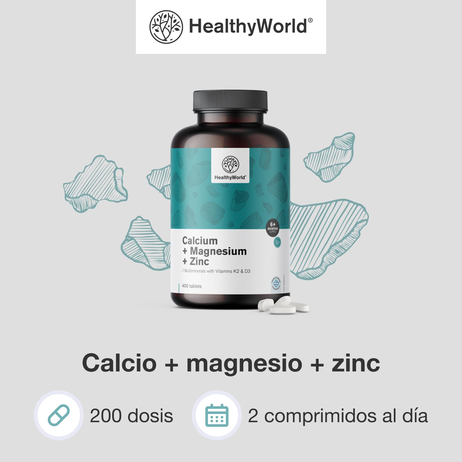 HealthyWorld Calcio + magnesio + zinc – Complejo de 2 vitaminas y 7 minerales – 400 comprimidos – Vitaminas D3 y K2 – Favorece la vitalidad y la resistencia – Suministro para más de 6 meses