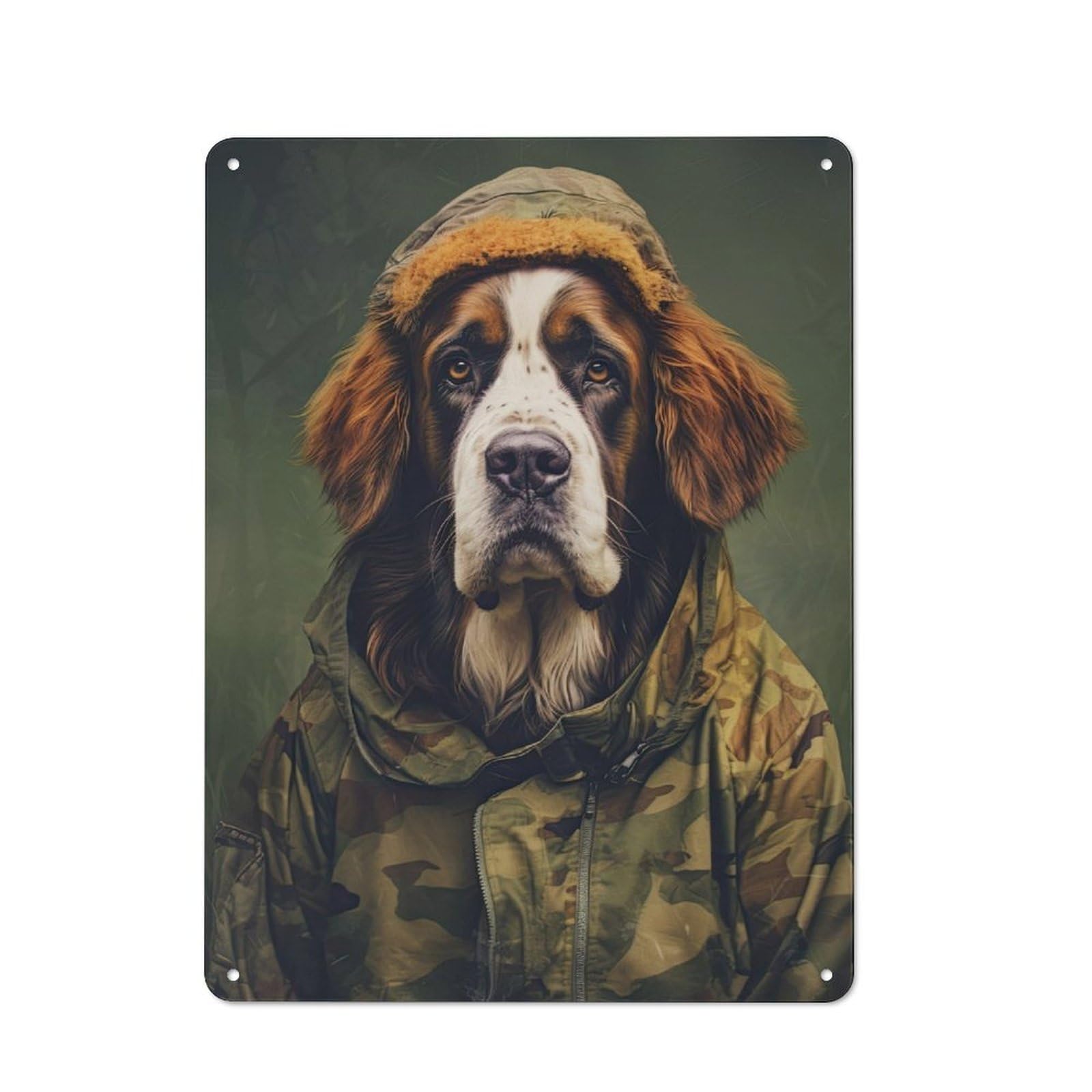 Junmoney Saint Bernard Camo Jacket Rustic Tin Wall Plaque 40X30cm For Studio Or Craft Room, For Garage, Workshop And Man Cave Decoration