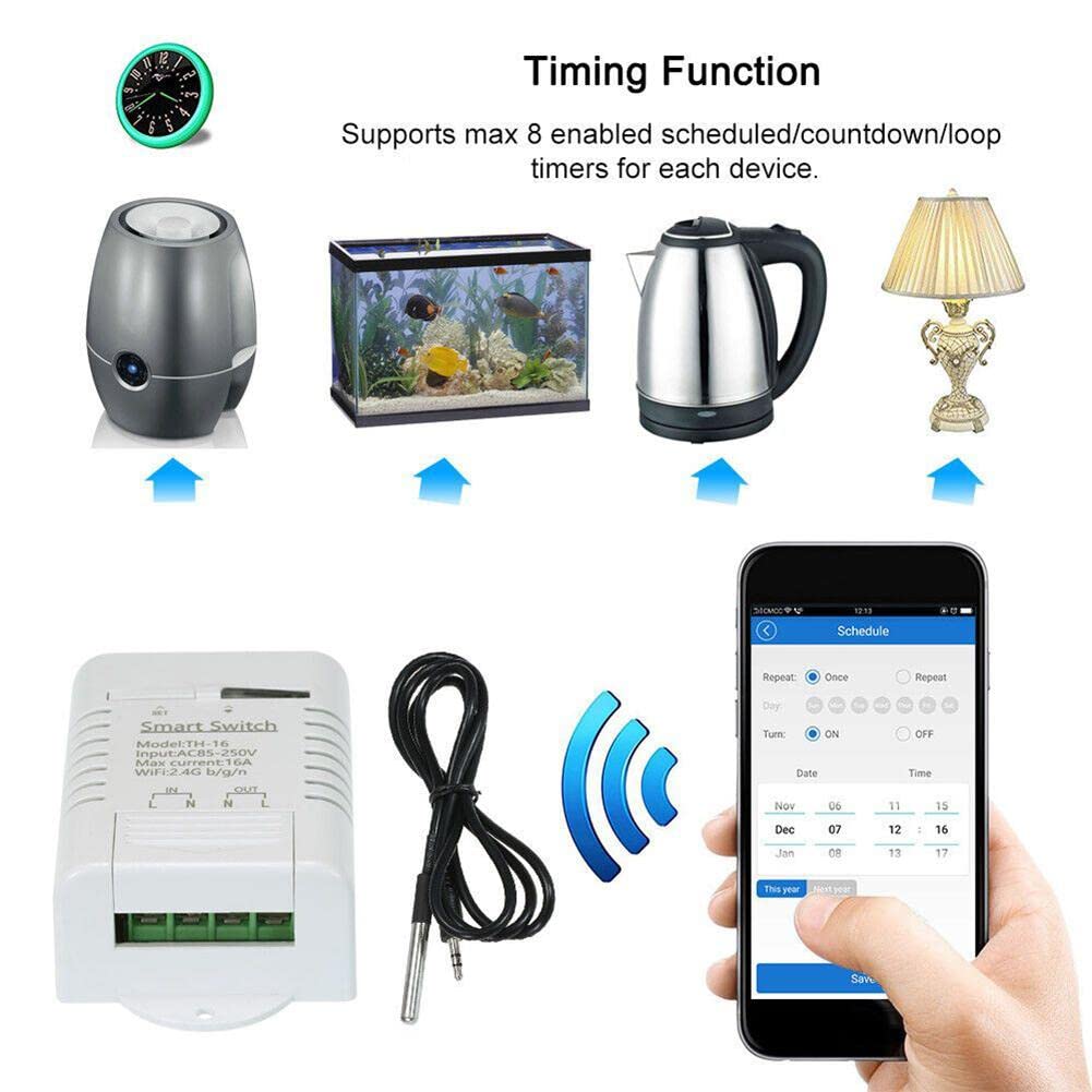 RANRAO Module de Commutation de température de Surveillance Intelligente WiFi 2,4 GHz avec kit de capteur de température Fonctionne avec pour EWeLink/Alexa/ Home IFTTT 16A
