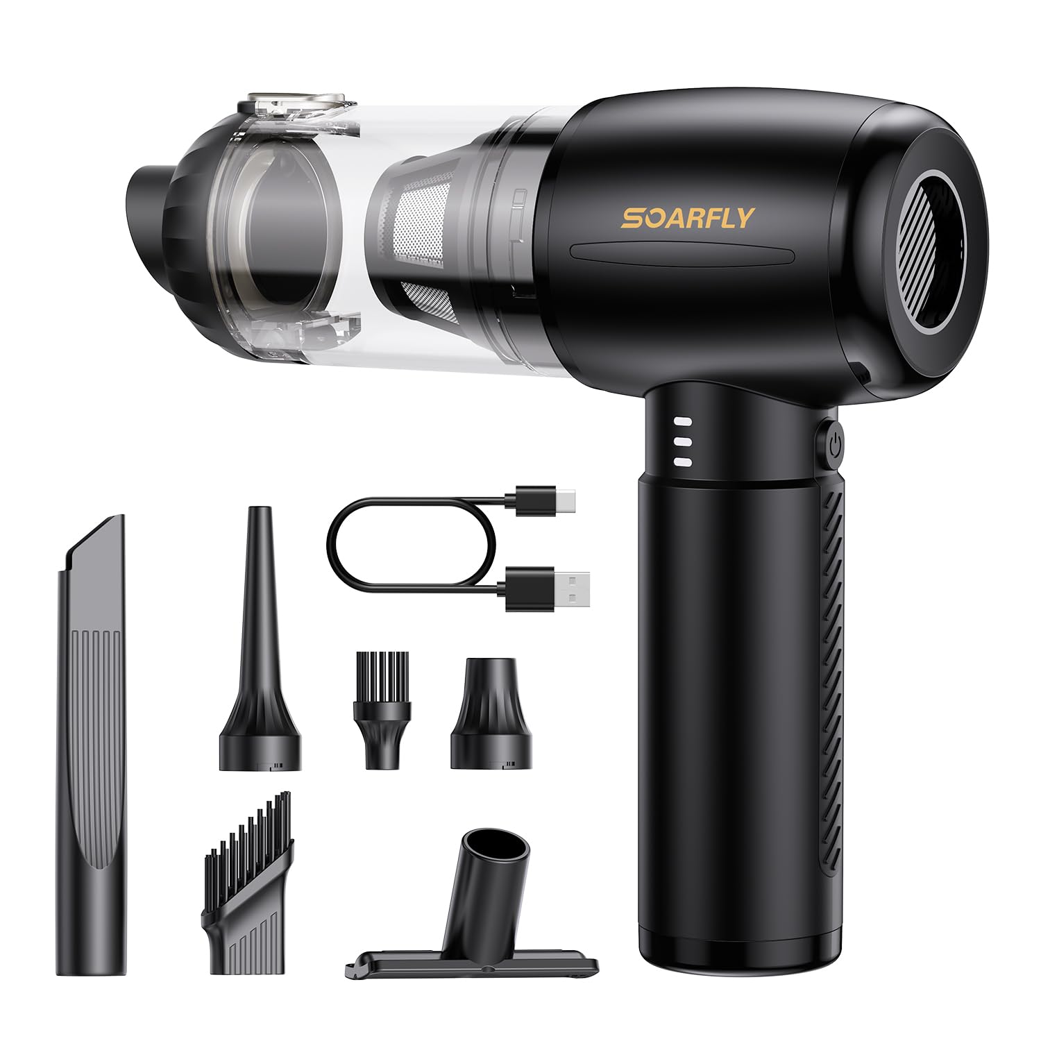SoarFly Aspirapolvere a mano, 25000Pa, 4 in 1, mini aspirapolvere per auto, senza fili, con luce LED, 2 marce, con motore senza spazzole per auto, cucina, PC, divano, ufficio