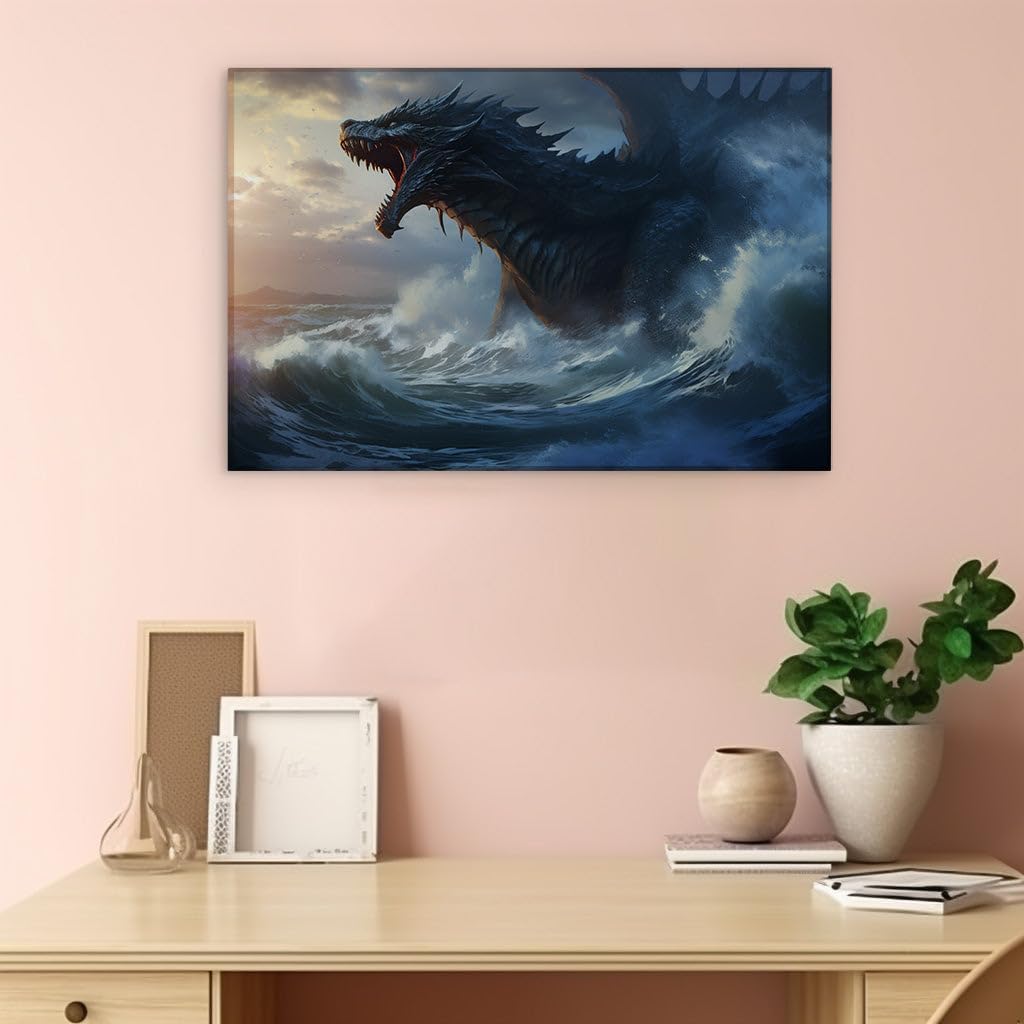 Canvas for Living room. Unleashing the Fury of the Sea - The Majestic Black Dragon Amidst Roaring Tides, 27 x 18 inch Canvas Wall Art - Ready to Hang