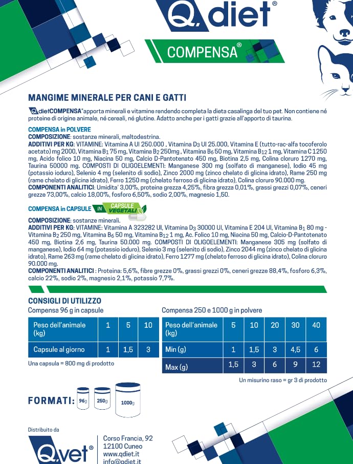 Q Diet Compensa Cane e Gatto 1kg in Polvere - Mangime Complementare per Cani e Gatti Ricco di Vitamine e Minerali Ideale a Completamento delle Diete Casalinghe.