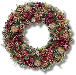 Guirlanda Natalina Pinhas 34 cm Vermelho Luxo Porta Enfeite Natal Decoração Premium