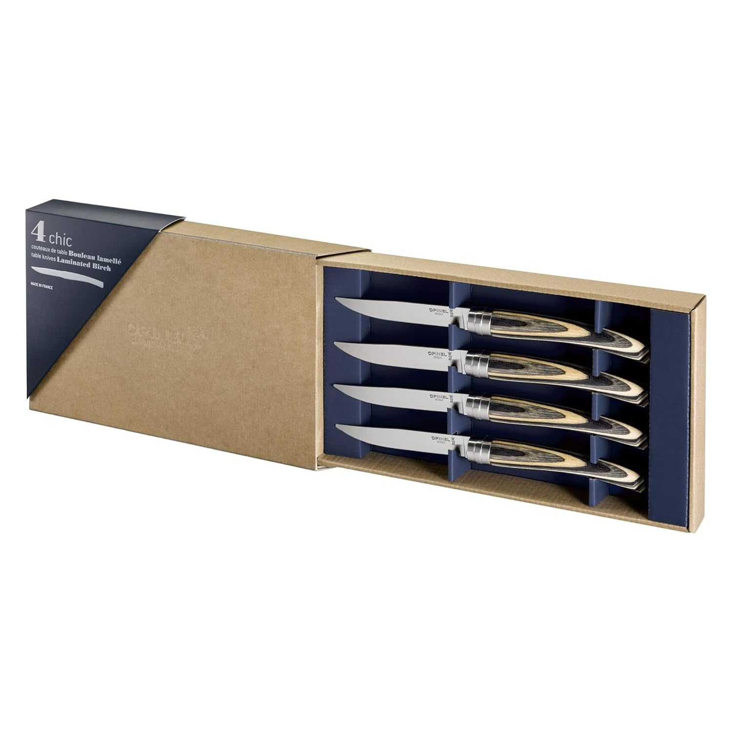Opinel - Set di 4 Coltelli da Cucina Essenziali - N°112 Ufficio, N°113 Seghettato, N°114 Verdure, N°115 Pelapatate - Lama in Acciaio Inossidabile - Faggio Verniciato Naturale