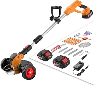 XABCHUI 21V Cordless Weed Wacker: 3-in-1 Battery Trimmer, Brush Cutter & Lawn Edger w/ 2x4Ah Batteries, Wheels & Shears