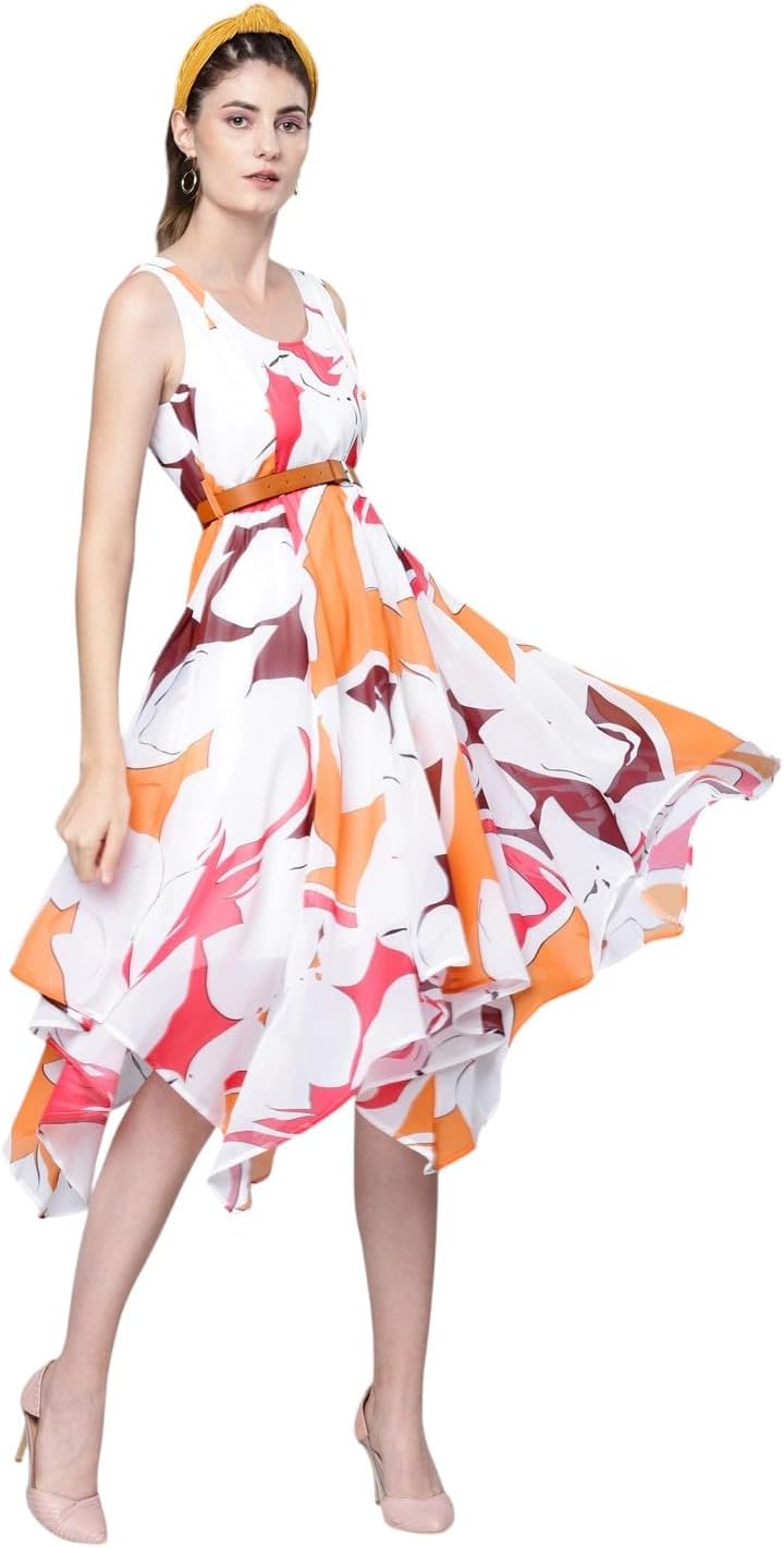 Women Floral Asymmetric Belted Midi Dress