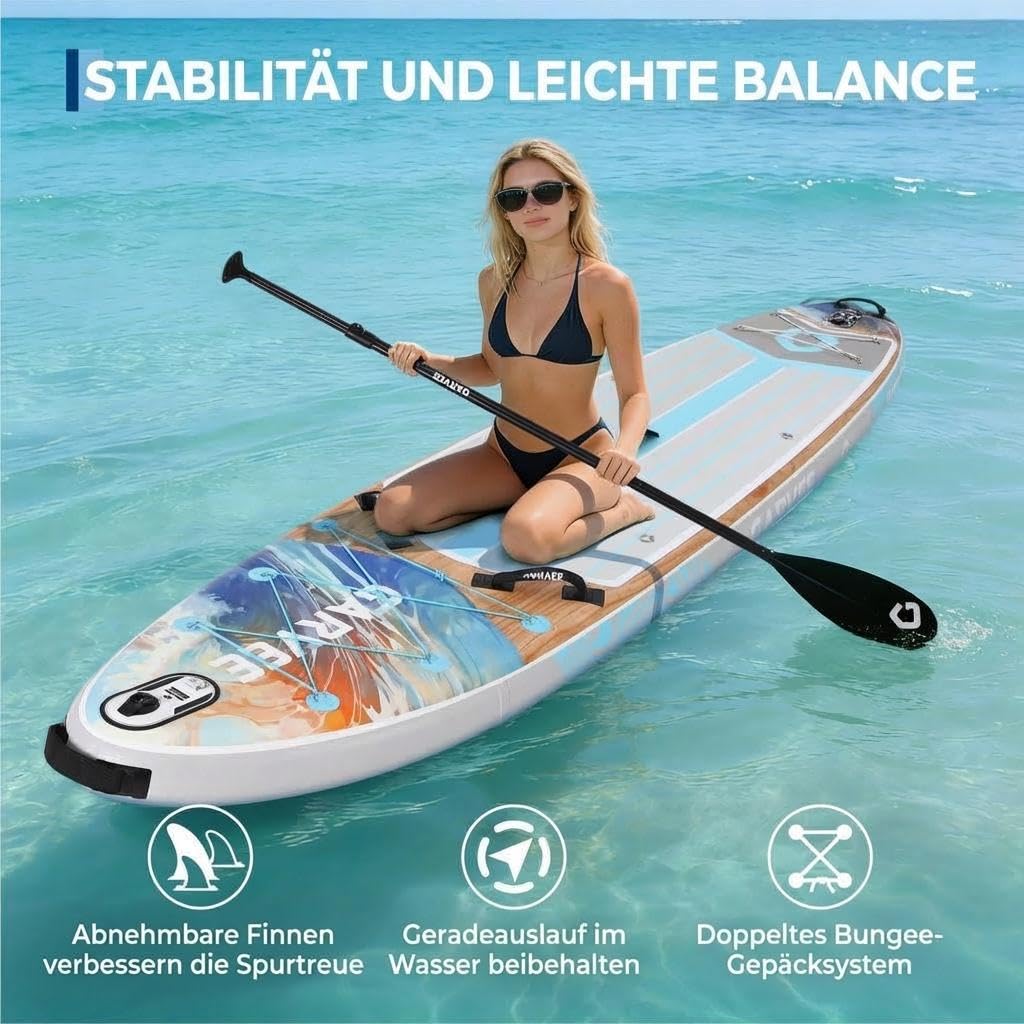 Premium SUP Board Set, Aufblasbares Stand Up Paddling Board – Ultra-Breites Mit 204kg Belastbarkeit, Verstellbares 3-Teiliges Paddel Mit Kamerahalterung, Komplettes Zubehör, Anfänger, Fortgeschrittene