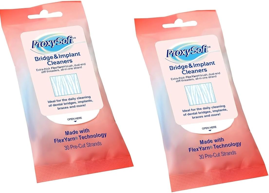 Proxysoft Dental Floss for Bridges and Implants 2 Packs - Floss Threaders for Bridges, Dental Implants, Braces with Extra-Thick Proxy Brush for Optimal Oral Hygiene -Teeth Bridge and Implant Cleaners