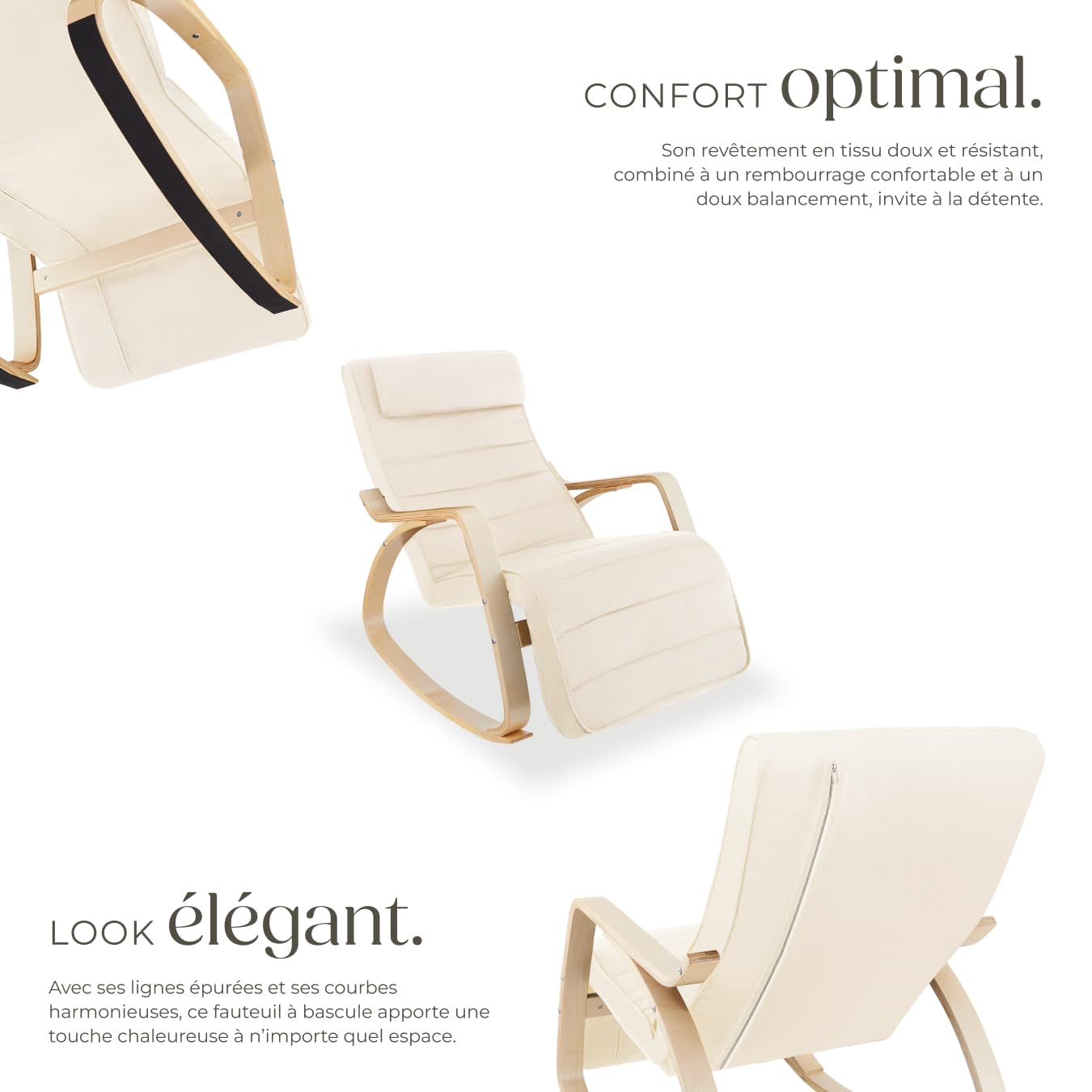 tectake® Fauteuil à Bascule avec Accoudoirs & Repose Pieds Réglable en 5X Rocking Chair Fauteuil Relax rembourée Cadre en Bois Fauteuil Salon Veranda, Chaise Ergonomique idéal Détente, Allaitement