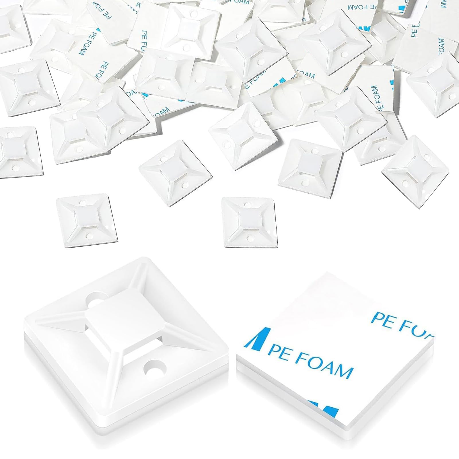 KLJ klebesockel für kabelbinder Weiß 50 Pack 20 X 20 mm, für Heim Büro Industriell