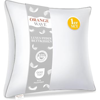 Orange Wave Pillow 80 x 80 cm Feather Pillow - 3-Chamber Down Pillow 80 x 80 cm Pillow with Down and Feathers Bed Pillow RDS & Oeko-Tex Double Combination of Softness and Support