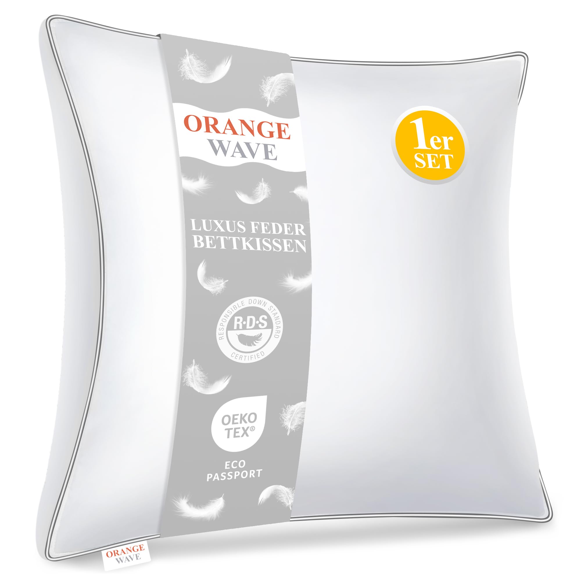 Orange Wave Kopfkissen 80x80 cm Federkissen – 3-Kammer Daunenkissen 80x80, Kissen mit Daunen und Federn, Bettkissen, RDS & ÖKO-TEX, doppelte Kombination aus Weichheit und Stützkraft
