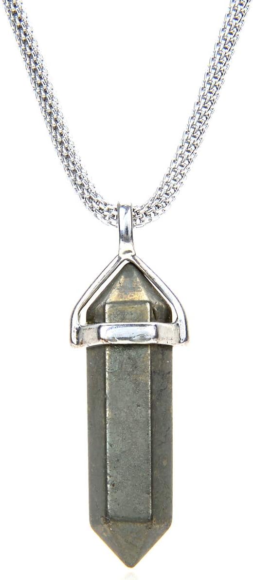 Tacool Gemstone Hexagonal Pointed Reiki Chakra Beaded Pendant Neclace Stainless Steel Chain 20 Inches (Pyrite)
