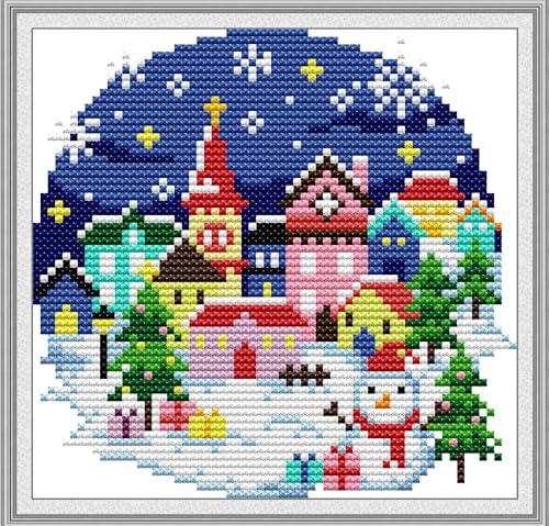 Image of CROSSDECOR Cross Stitch Kits for Adults,Stamped Cross Stitch Kits,DIY Needlepoint Kits for Beginners Counted Embroidery Craft Supplies for Home Decor,Winter Village 6.5x6.4in