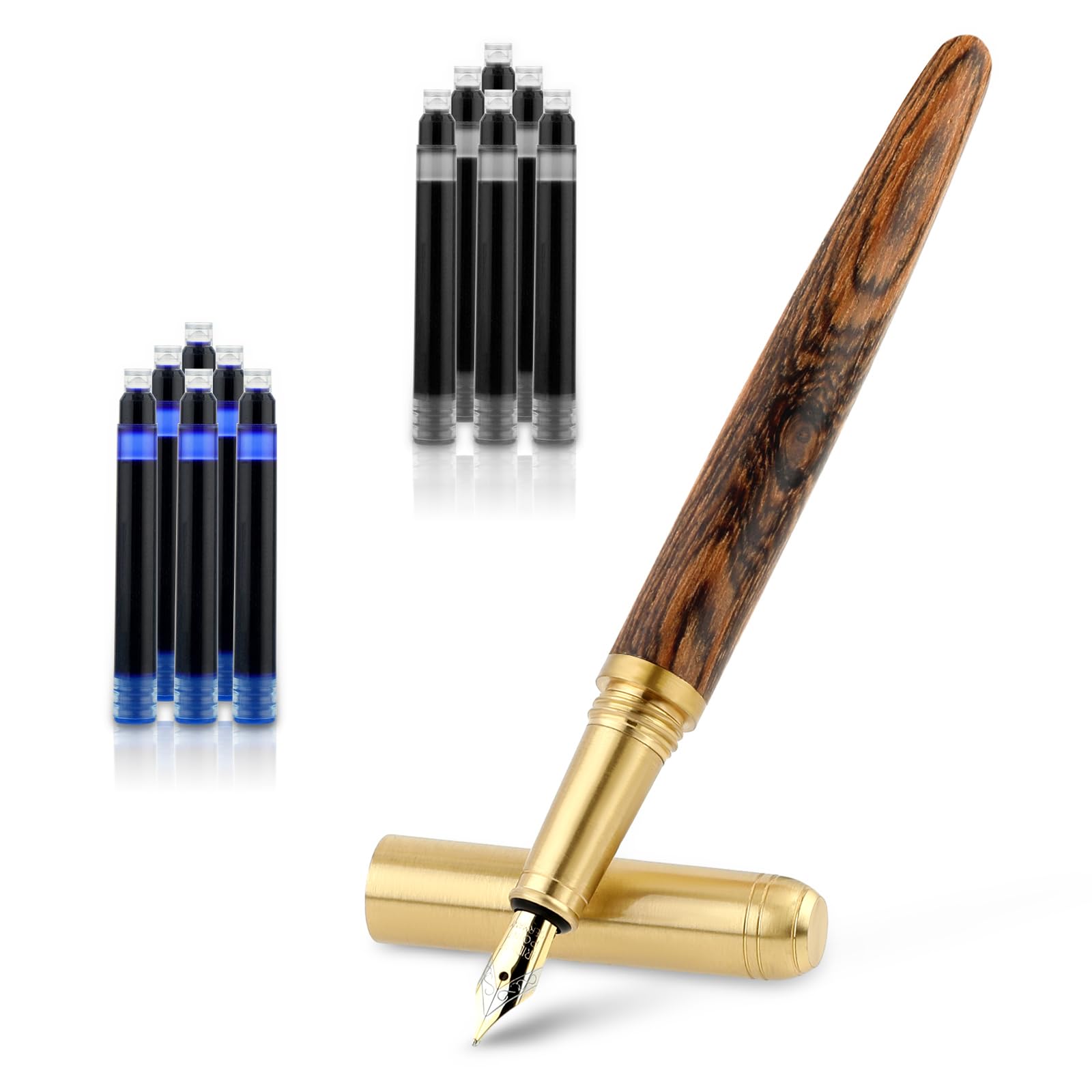 Amaxiu Stylo plume en bois, pointe fine, stylo de luxe fabriqué à la main avec 12 cartouches d'encre de 2,6 mm, stylo en bois vintage pour affaires, calligraphie, cadeaux