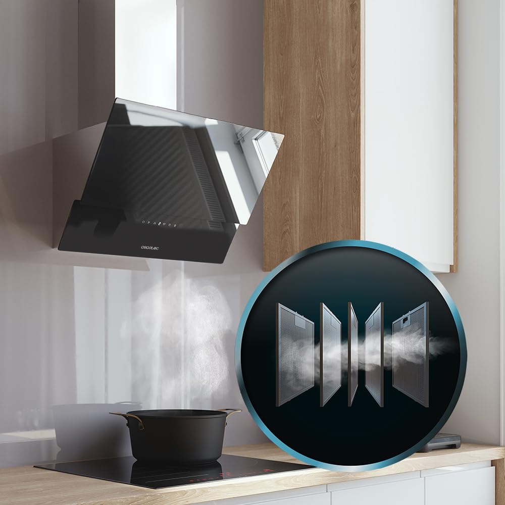 Cecotec Campana Extractora Decorativa 60 cm Bolero Flux DT 608001 Glass Black A++, 210W, Iluminación LED, Succión 800m3/h, Control Táctil, 3 Niveles, Filtro Carbono, Hand Movement, Delay Function
