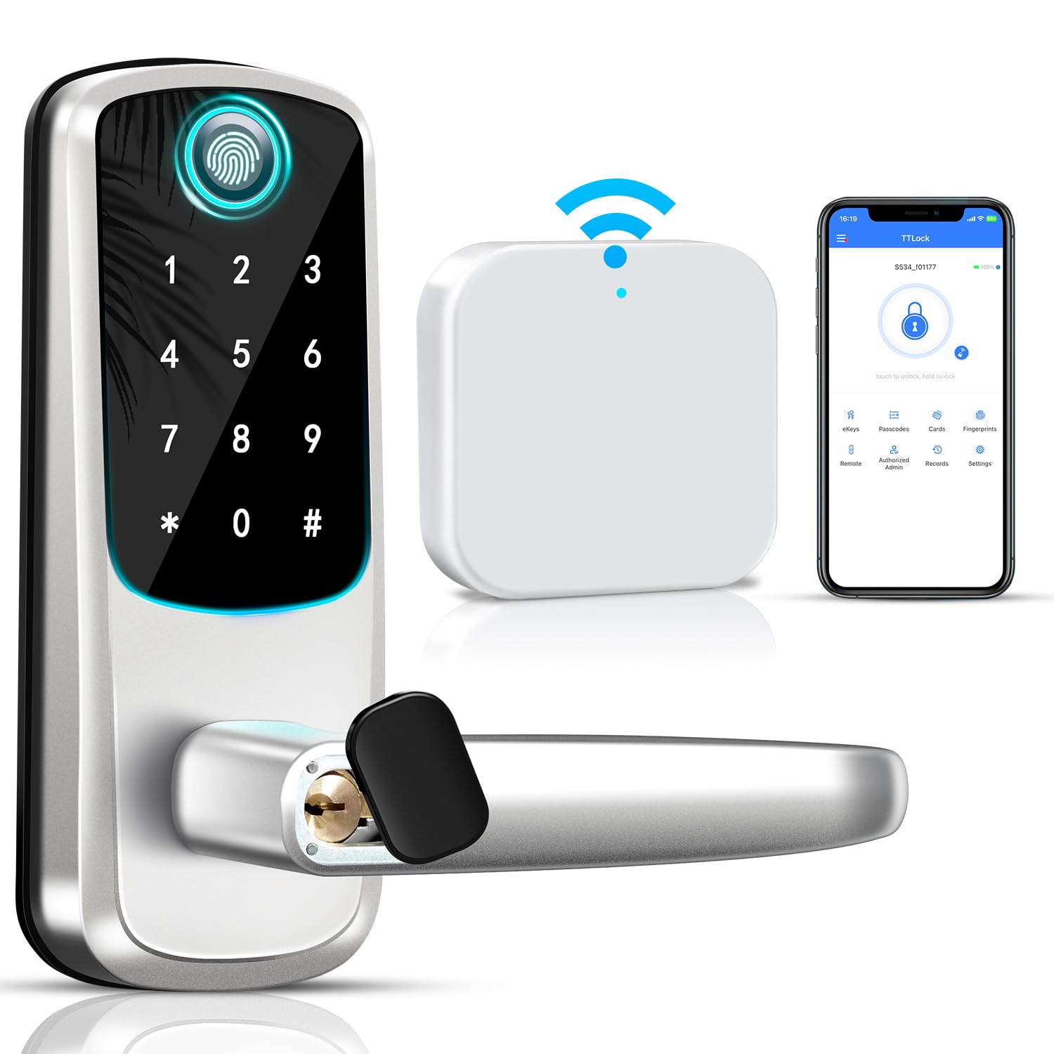 Smart Door Lock with Handle, 8-in-1 Keyless Entry, WiFi Gateway