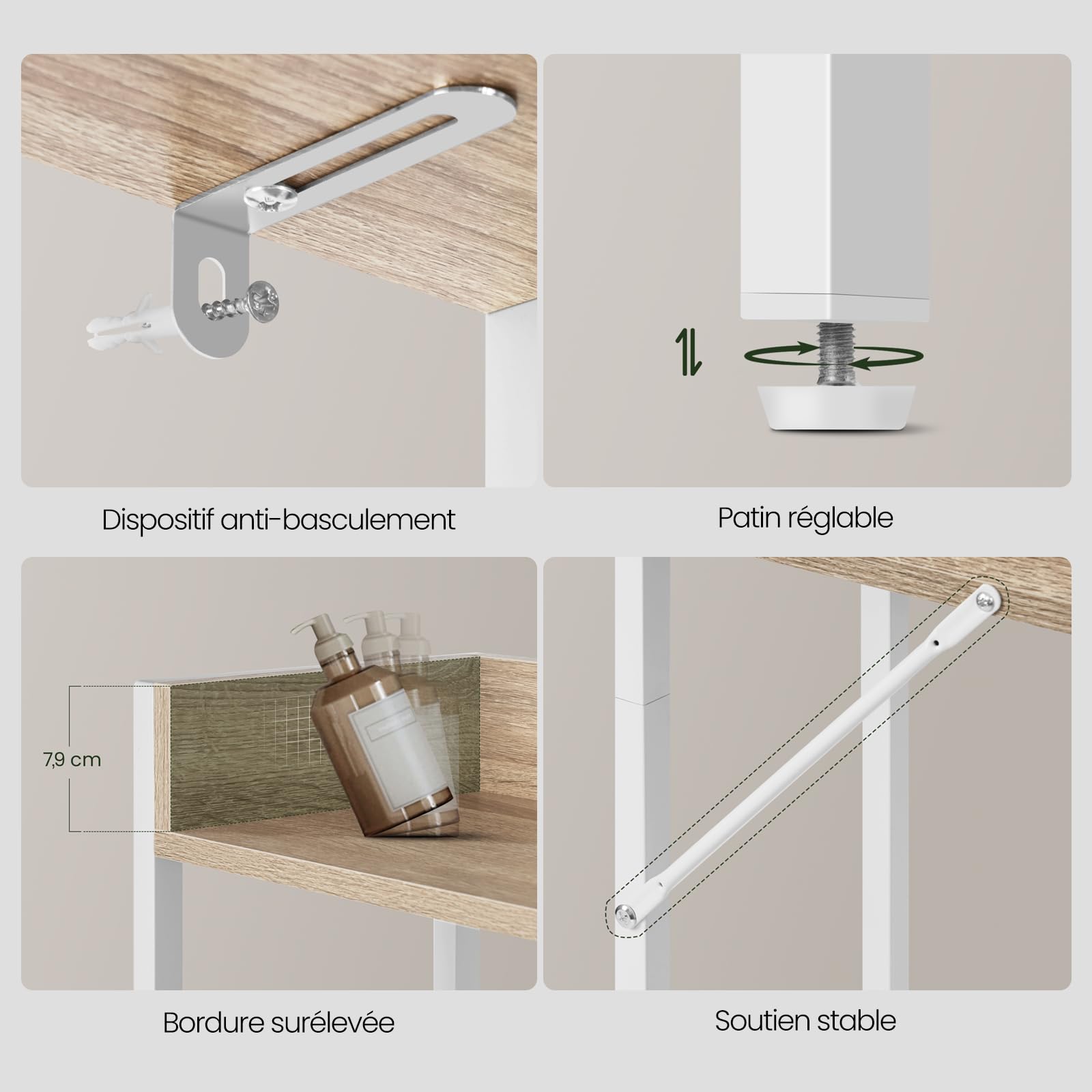 EUGAD Meuble WC, Étagère Machine à Laver, à 3 Niveaux, au-Dessus des Toilettes, Gain d'Espace, pour Salle de Bain, Buanderie, en Bois d'Ingénierie et Métal, Chêne Clair + Blanc, 63x25x166,5cm