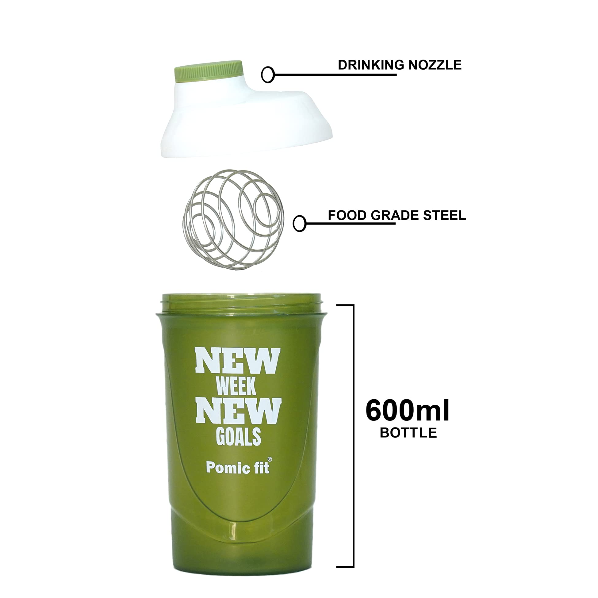 Pomic fit Protein Shaker Bottle Fitness Blender For Men & Women gym shaker bottle for sports with Protein sipper mix, cycling, Running, Yoga stainless steel blender ball 600ml (White,Green) 1