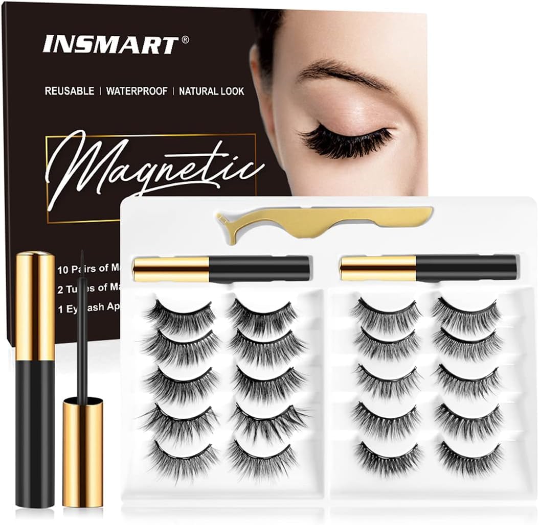 Magnetic Eyelashes with Magnetic Eyeliner Kit -10 Pairs Upgraded 3D 5D Magnetic Eyelashes Kit with Tweezers 2 Tubes