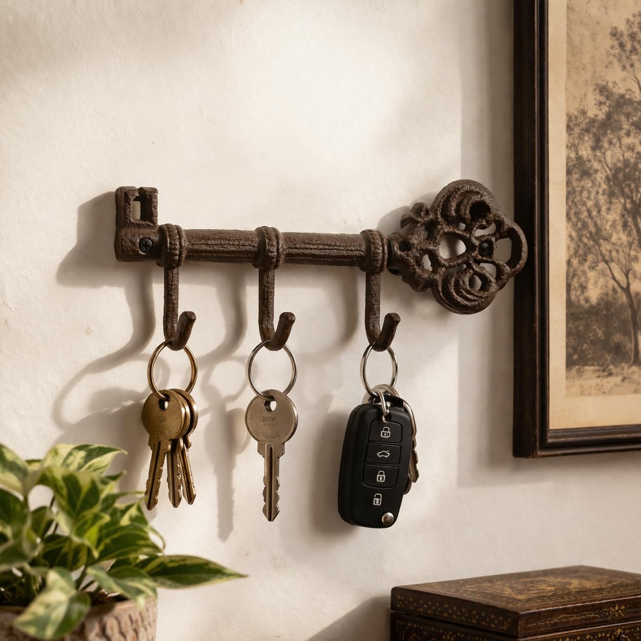 Marco Paul Marco Paul Vintage Cast Iron Key Holder Wall Mounted Antique Style Rustic Key Rack with 3 Hooks Decorative Key Hanger Rail for Hallway, Entryway, Kitchen, Coat & Keys Storage Indoor Outdoor