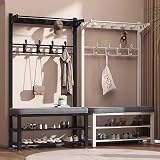 angrounps Coat Rack Stand Metal with Bench, Modern Industrial Hall Tree with Hooks and 2-Tier Shoe Stand, Free Standing Coat Tree, Entryway Storage Shelf, for Living Room Hallway - 7