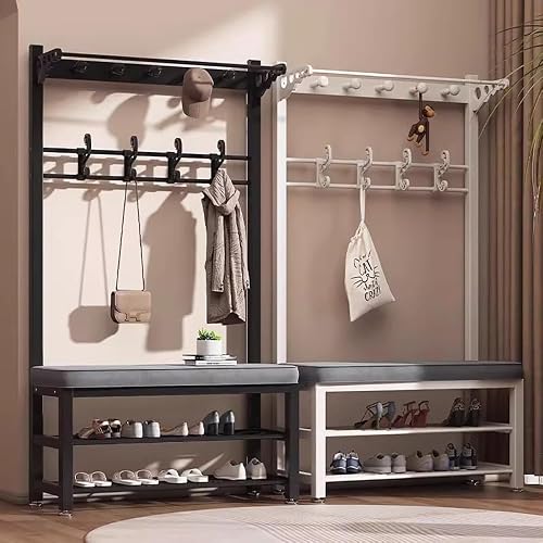 angrounps Coat Rack Stand Metal with Bench, Modern Industrial Hall Tree with Hooks and 2-Tier Shoe Stand, Free Standing Coat Tree, Entryway Storage Shelf, for Living Room Hallway - 7