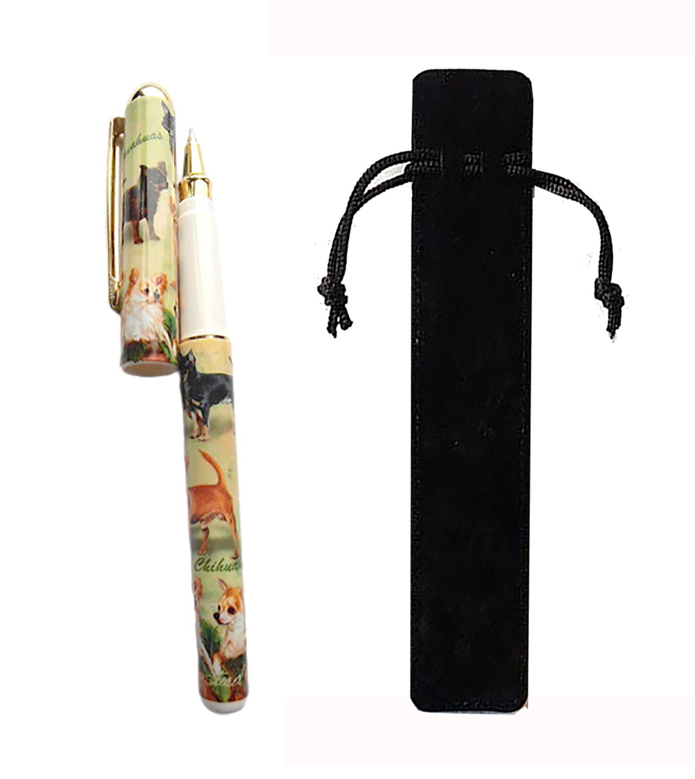 Chihuahua Gift. Beautiful Rollerball Pen with Black Velvet Pouch.