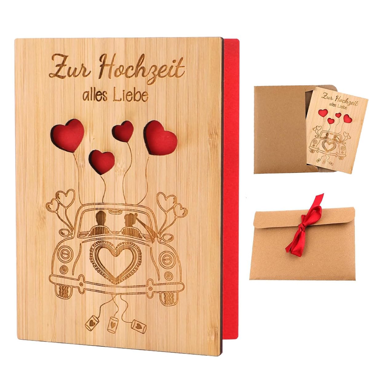 CUEMOON Wooden Wedding Card with Envelope, Wedding Gift Card for Honeymoon Wedding Gifts for Bride and Groom 15 x 11 cm