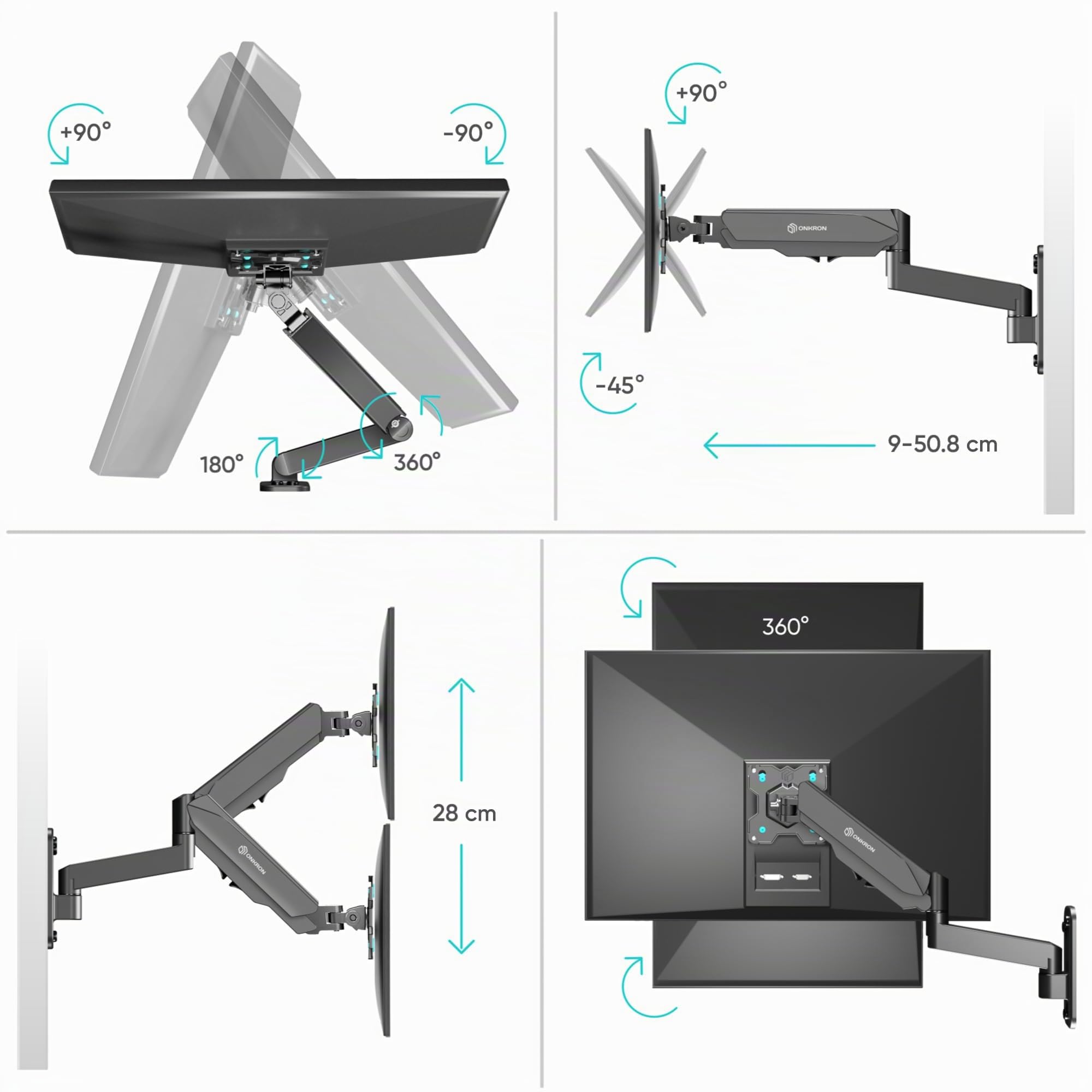 ONKRON Soporte TV Pared 13-34 Pulgadas, hasta 8 kg, Brazo TV VESA 75x75-100x100 mm, Colgador Television Pared Inclinable y Giratorio, Soporte Pantalla Articulado, Universal, Ajustable, Negro G150-B