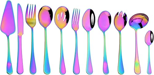 Miniatura 9 de Gugrida Gold Silverware - Juego de 11 piezas de cubiertos de acero inoxidable 304 con revestimiento de titanio dorado, cucharas para servir,