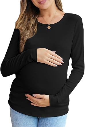 Womens Maternity Fall Tops Long Sleeve Crew Neck Ribbed Knit Slim Fitted Blouse Side Ruched Pregnancy Shirts