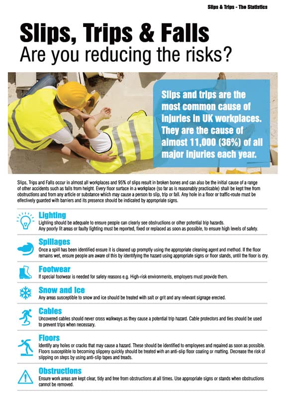 Slips, trips and falls poster 400x600mm rigid plastic, ISO7010 compliant safety colours