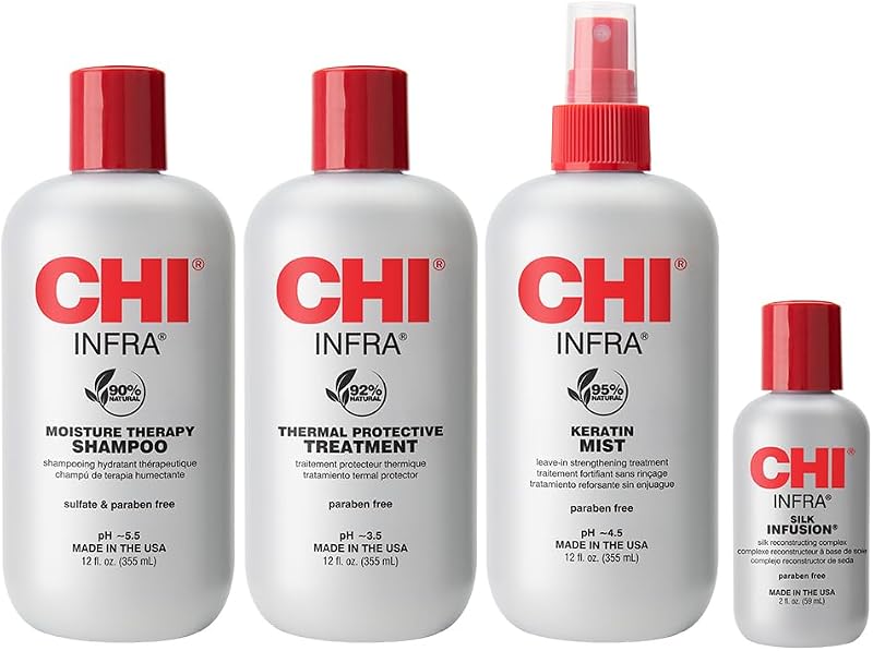 CHI Home Stylist Kit, 12 Oz Infra Shampoo, 12 Oz Treatment, 12 Oz Keratin Mist & 2 Oz Silk Infusion, Sulfate, Paraben, & Cruelty-Free, 4 Products