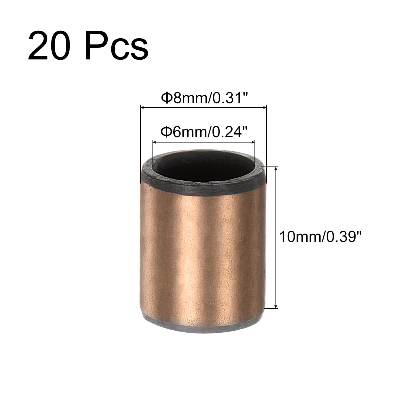 QUARKZMAN Łożyska tulejowe otwór 6 mm x średnica zewnętrzna 8 mm x długość 10 mm gładkie łożyska tuleje owinięte bezolejowe do przesuwnych części maszyn, 20 sztuk