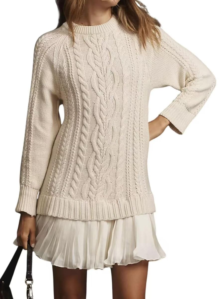 chouyatou Womens 2025 Fall Winter Cable Knit Pullover Sweater Dress Cute Chiffon Bottom Patchwork Mini Pleated Dress