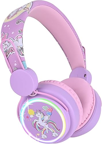 Miniatura 1 de FLOKYU Auriculares para niños, unicornio, luz LED que cambia de color, auriculares inalámbricos Bluetooth para niños, niñas, niños, escuela,