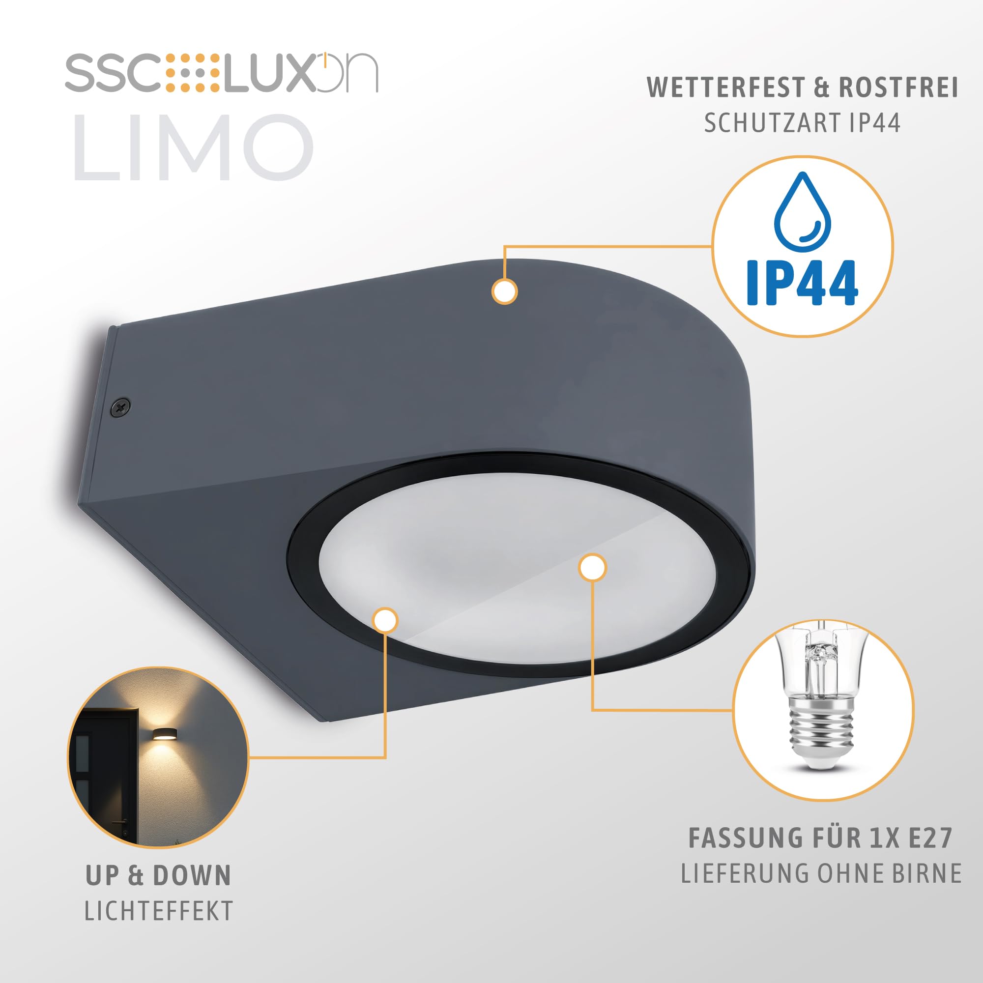 SSC-LUXon 2 Stück LIMO Außenwandleuchte Up & Down dunkelgrau IP44 - Außenlampe Fassung E27 Birne (ohne Leuchtmittel) - Haustürlampe Outdoor