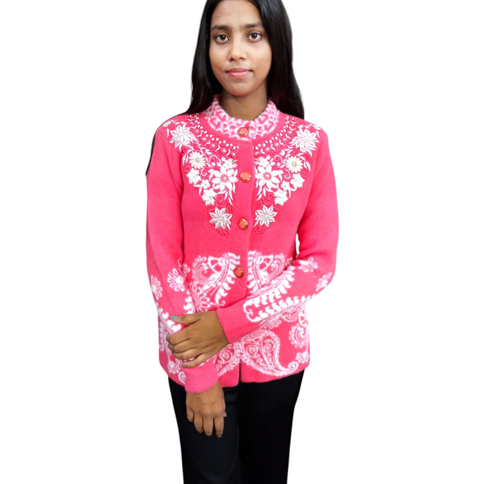 Women's Floral Print Long Sleeve Cardigan, red and White, Traditional Embroidered Design-image-2