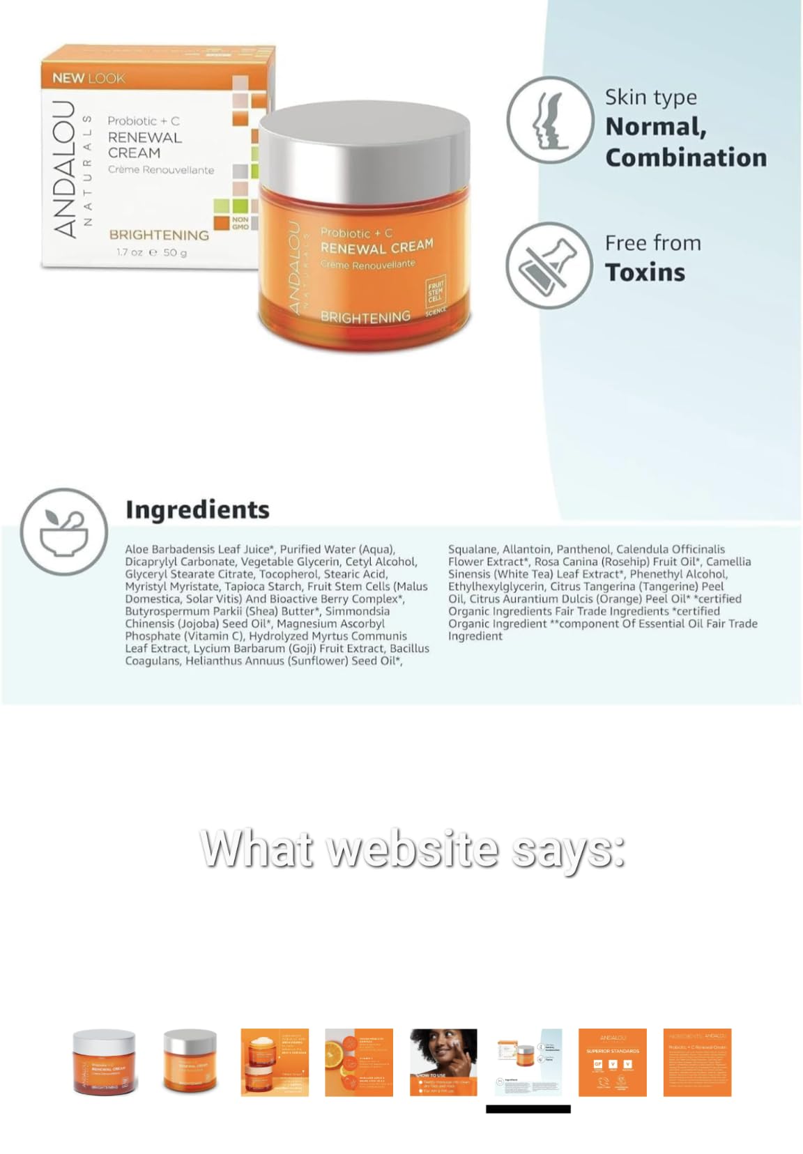 Andalou Naturals Probiotic + Vitamin C Renewal Cream - Complexion Enhancing Hydrating Face Moisturizer - Helps Promote Firmer Skin & More Even Tone - Lightweight, Non-Greasy Formula - 1.7 Oz