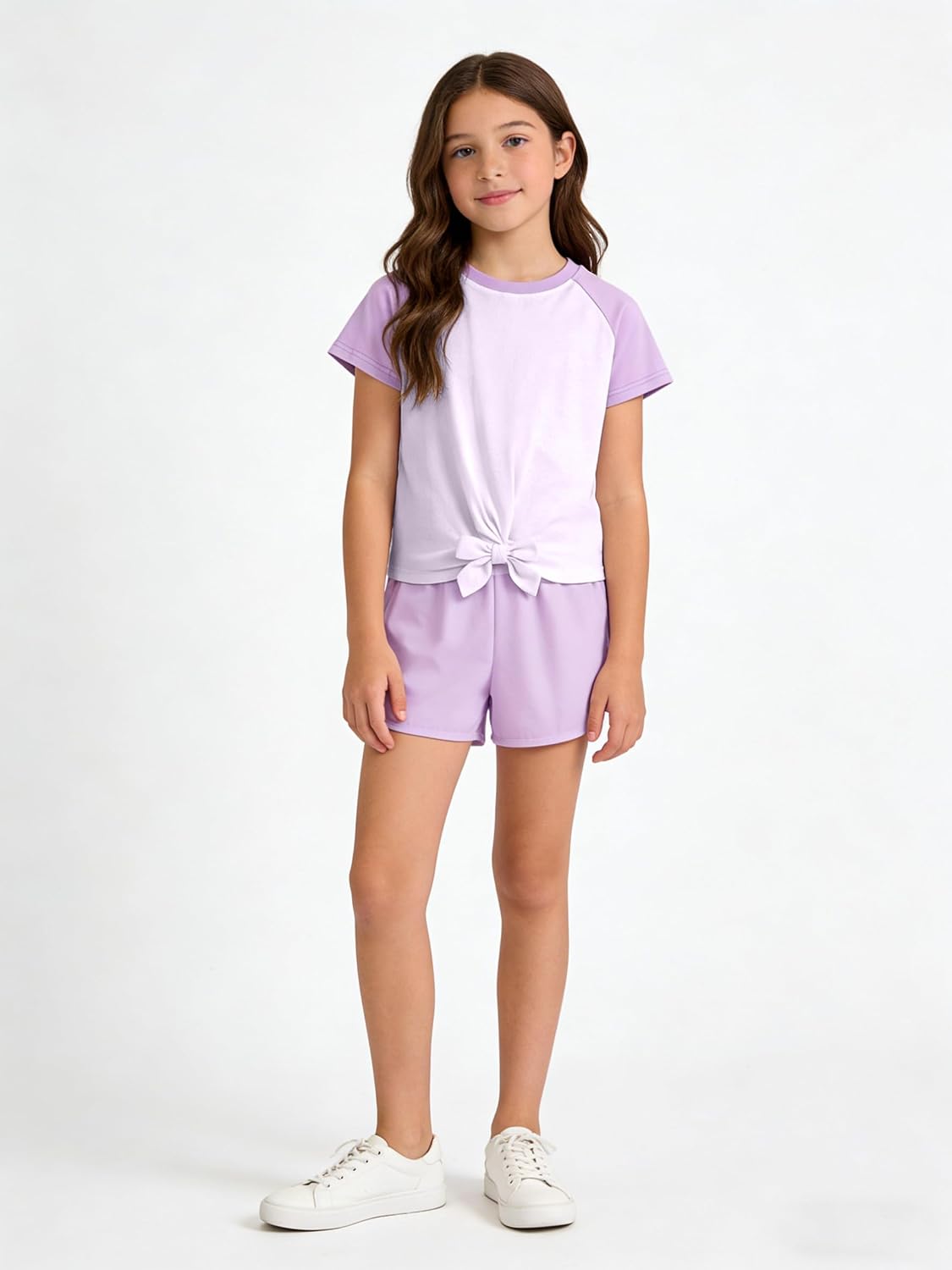 Girls Short Sleeve Raglan Tee and Drawstring Pocket Shorts Summer Activewear Set 2 Piece Outfit, 6-14 Years
