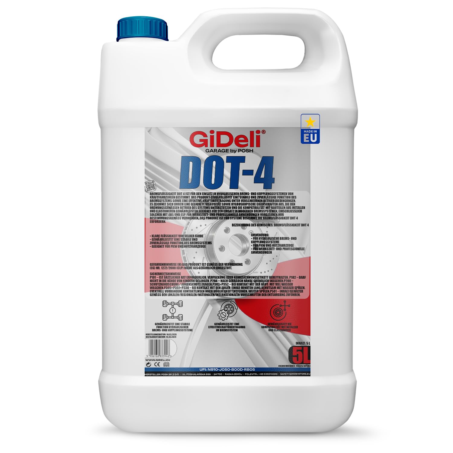 GiDeli DOT 4 Liquide de frein 5 l - Pour systèmes de freinage et d'embrayage hydrauliques - Convient pour ABS et ESP - Compatible avec les métaux et les élastomères - Pour voitures, motos et véhicules