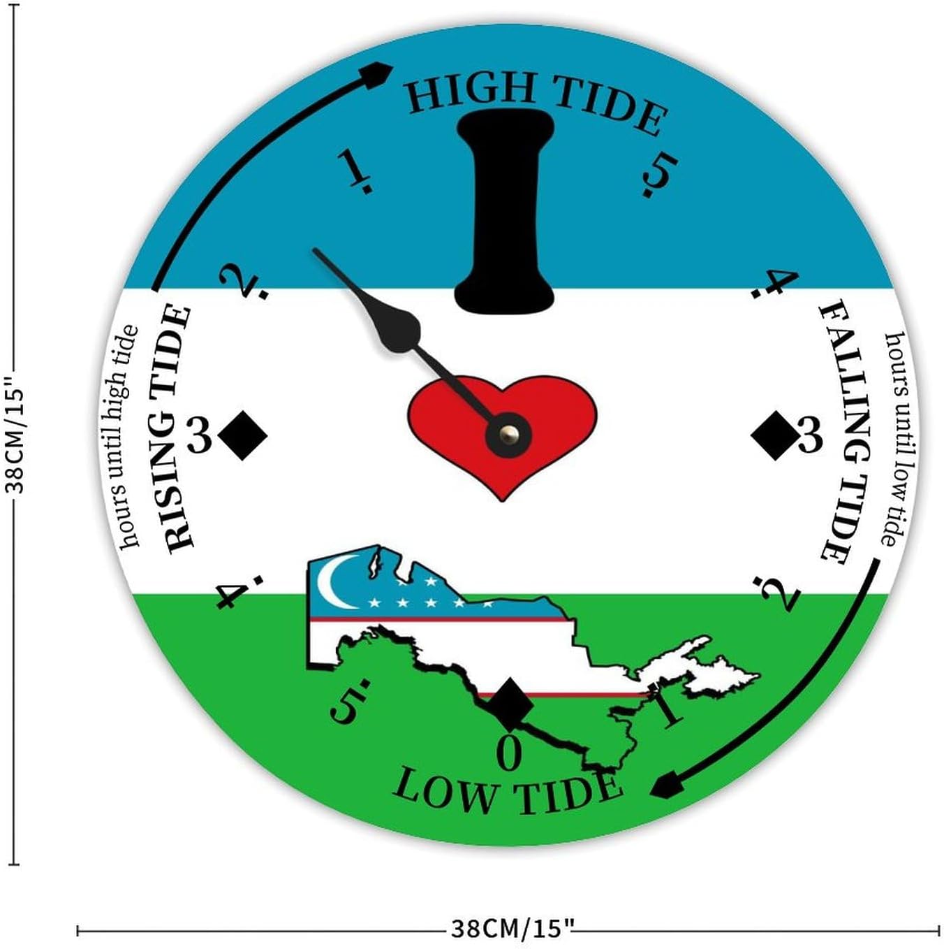 Rustic Wood Tide Clock Uzbekistan Flags Ocean Time Wooden Clock Wood Moon Tidal Clock for Wall High and Low Tide Movement Clock for Seaside House Cottage Hotel Camping 15x15 in