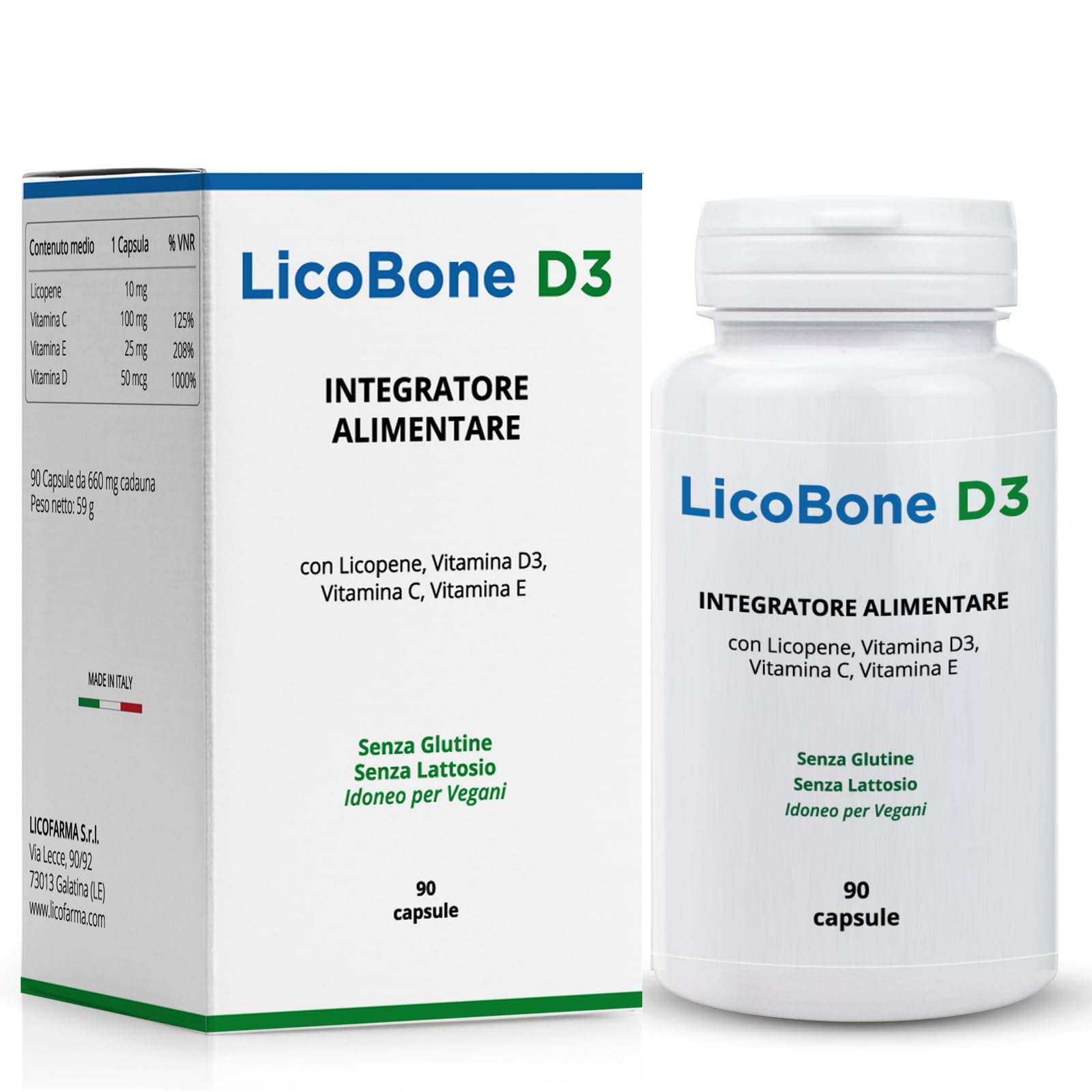 Licobone D3 Integratore Alimentare per il Benessere delle Ossa | Con Vitamina D3, Vitamina C ed E e Licopene | Pilloliera da 90 capsule