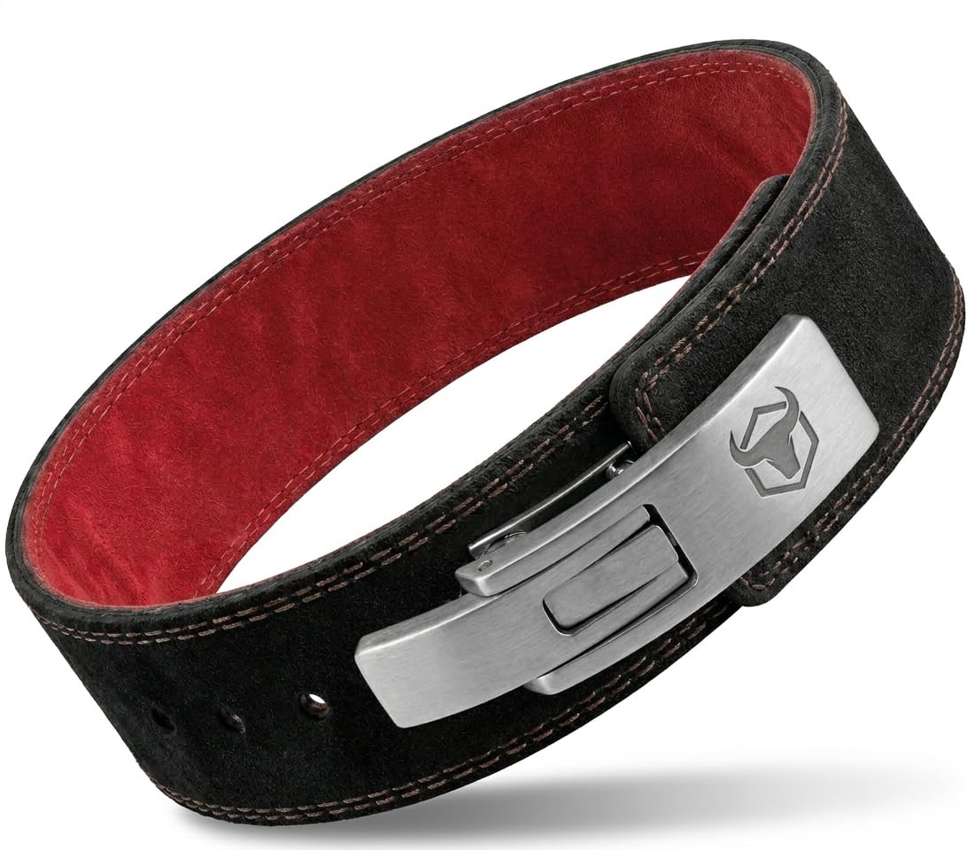 Ceinture d'haltérophilie Pro – Boucle à levier de 10 mm – Cuir daim de 7,6 cm de large – Soutien dorsal pour l'haltérophilie, la musculation, la gym et le fitness (XL, noir/rouge)