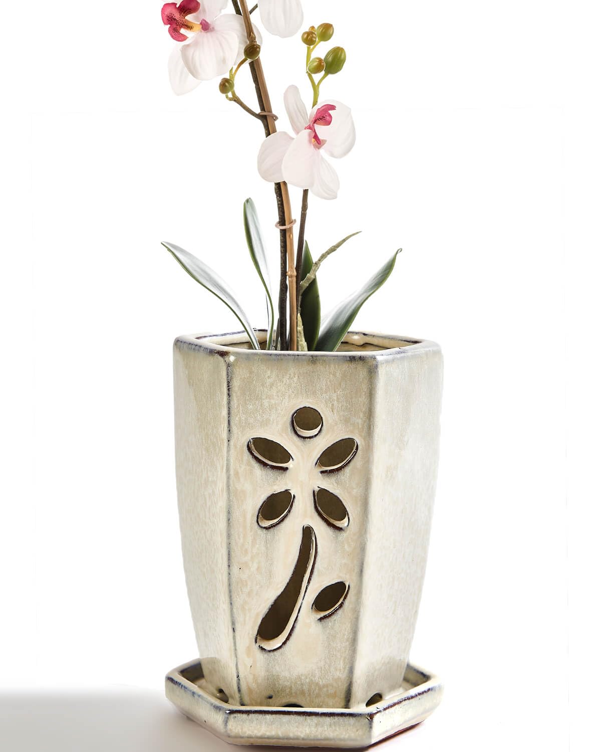 vensovo 10 CM Ceramic Orchid Pot with Holes and Attached Saucer