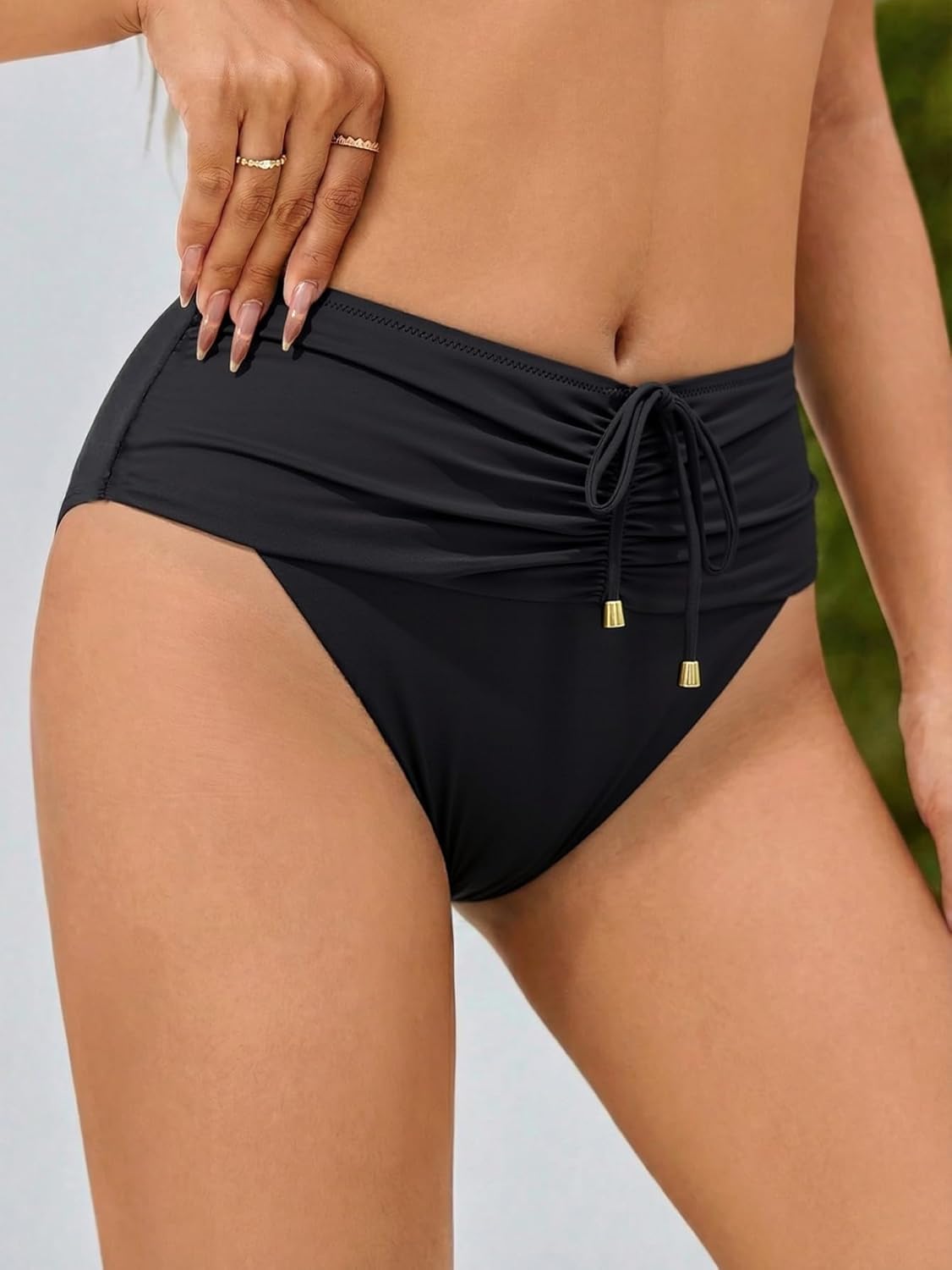 WODECASA Women's High Waisted Black Bikini Bottoms Tie-Front Ruched Tummy Control Full Coverage Bathing Swimsuits Bottoms - Image 3